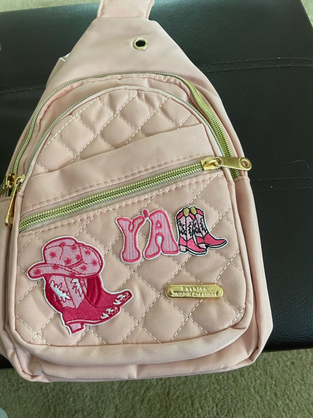 Pink Quilted Adult Sling Backpack with Western Patch Accents